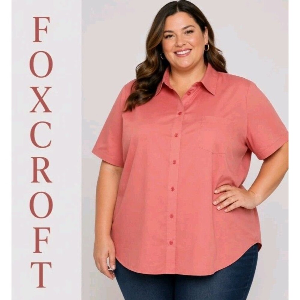 NWT FOXCROFT Womens 24W Shaped Wrinkle Free Button Short Sleeve Coral Shirt Top